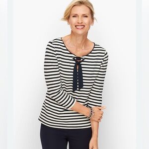 Talbots stripe tie neck long sleeve tshirt M nautical white blue